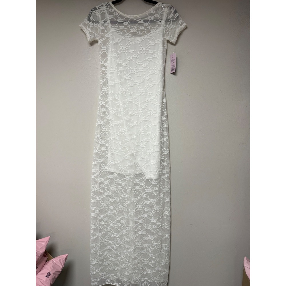 Wild Fable Floral Lace Maxi Dress Women XS White New Short Sleeve Sheer‎ Overlay